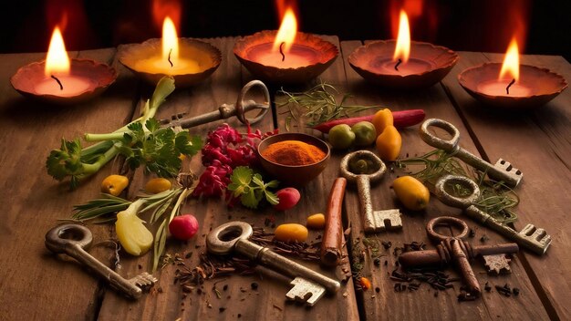 Ingredients and keys near candles