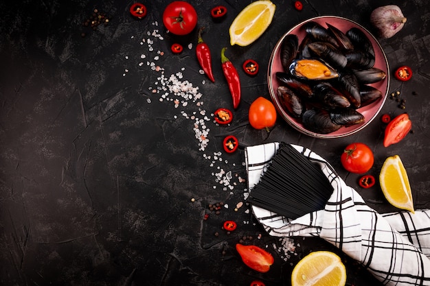 Photo ingredients for making black pasta with seafood