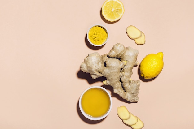 Ingredients for making ginger water or a drink. Immunity strengthening and detox concept.