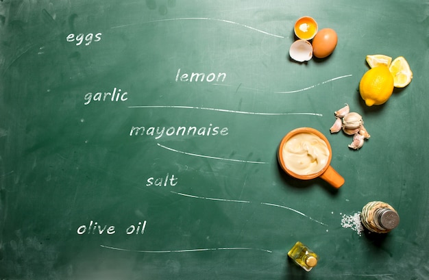 Ingredients for making mayonnaise with inscriptions on a chalkboard