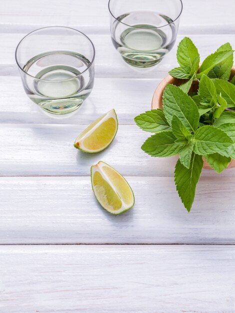 Ingredients for making mojitos on rustic background.