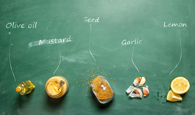 Ingredients for making mustard with inscriptions 