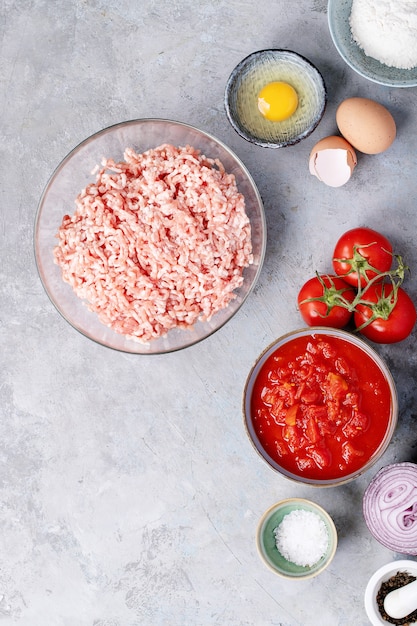 Ingredients for making spaghetti bolognese