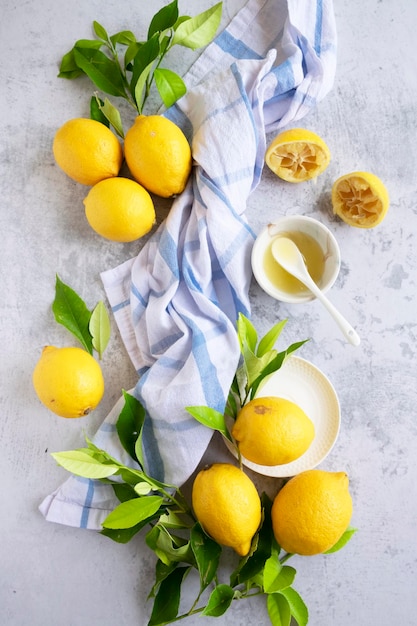 Ingredients for making traditional homemade lemon cake fresh summer baking items