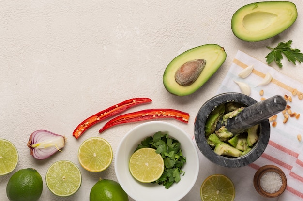 Ingredients for Mexican Sauce Guacamole cooking background.