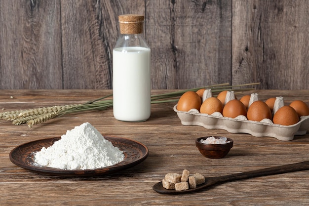 Ingredients for pancake batter wheat flour eggs sugar salt milk