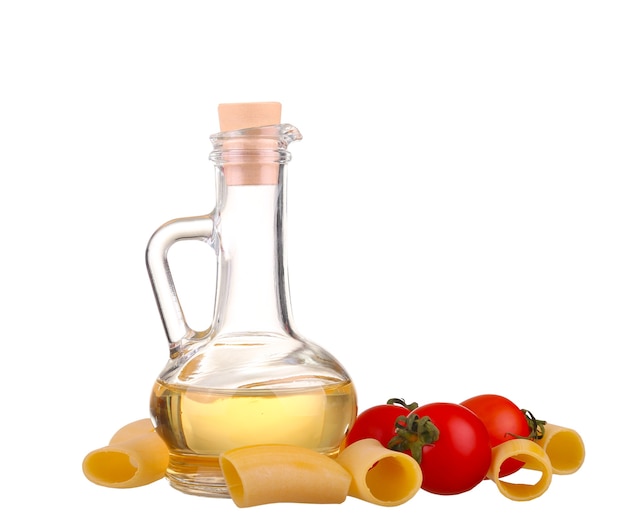 Ingredients for pasta. Spaghetti,cherie,chili, oil, garlic isolated on white