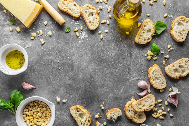 Ingredients for pesto and chiabatta bread