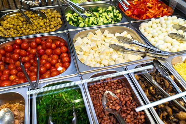 Ingredients for picking salads in the supermarket.