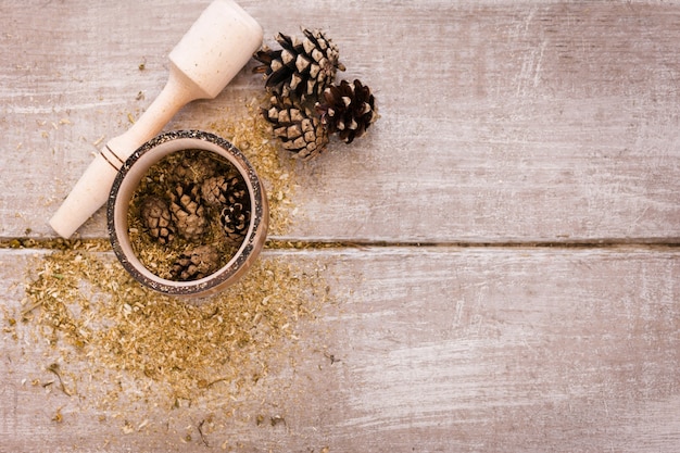 Ingredients preparation for natural herbal tea top view backdrop.