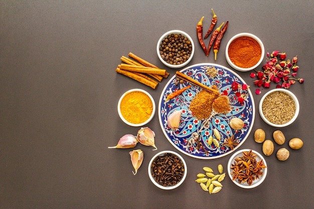 Ingredients for preparation oriental spice Ras el Hanout