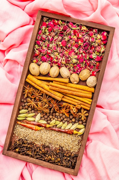 Ingredients for preparation oriental spicy Ras el Hanout