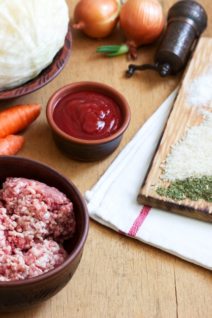 Ingredients for the preparation of a traditional Moldavian or Romanian dish of stuffed cabbage.