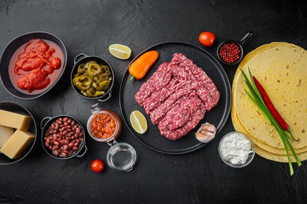 Ingredients for quesadilla with chicken tortilla, corn, chicken, onion