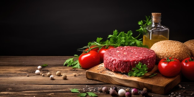 Ingredients for raw burger cutlets displayed on wooden table copy space available