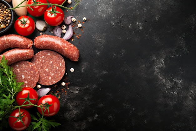 Ingredients and raw sausages on stone table top view