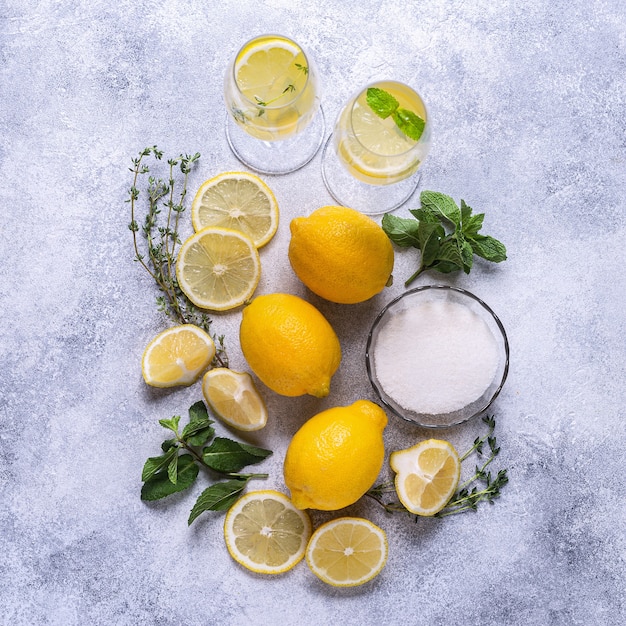 Ingredients for refreshing lemonade, top view.