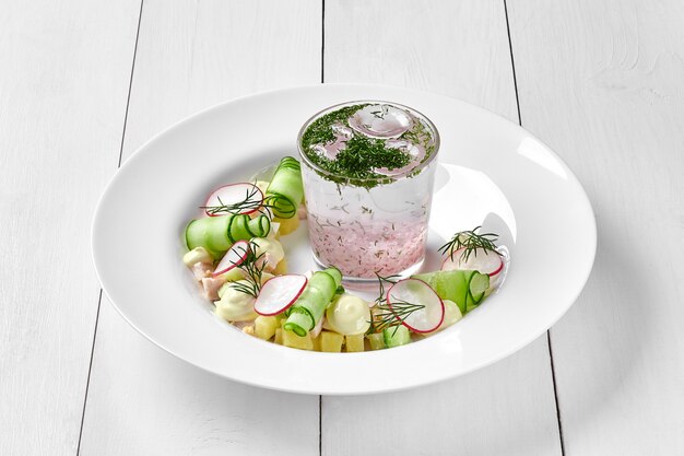 Ingredients for refreshing okroshka soup with mineral water