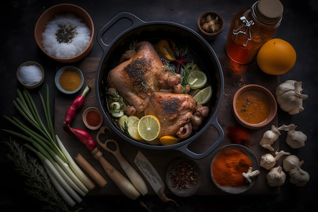 Ingredients for roasted pork knuckle in casserole with spices