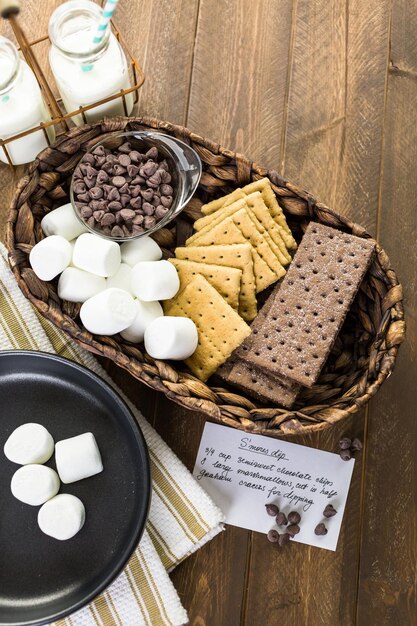 Ingredients smores dip prepared with large marshmallows in cast iron pan.