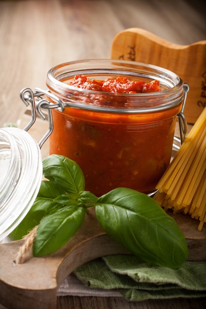 Ingredients for spaghetti with tomato sauce