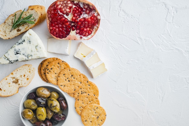 Ingredients for spanish food, meat cheede, herbs set, on white background, flat lay  with copy space for text