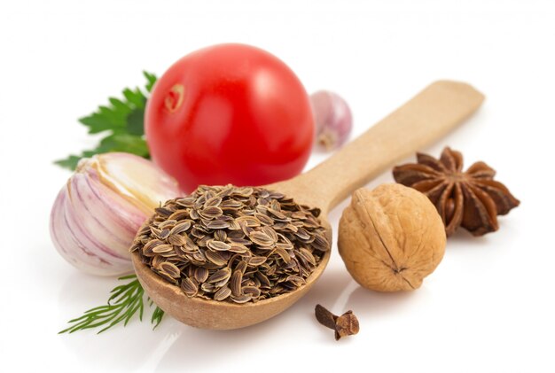 Ingredients and spices on white background