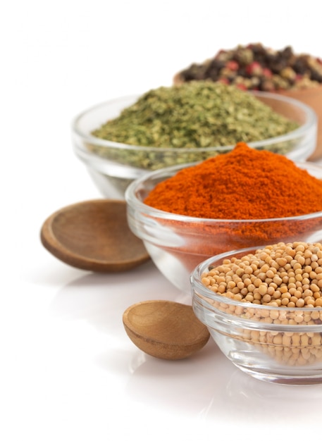 Ingredients and spices on white background