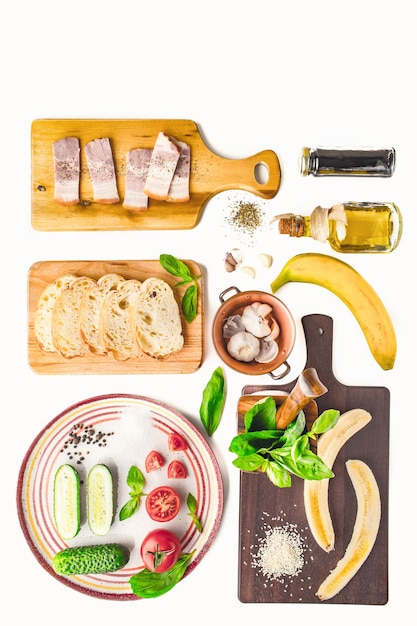 Photo ingredients for tartines on the white background vertical