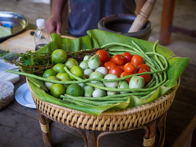 Photo ingredients for thai papaya salad in basket