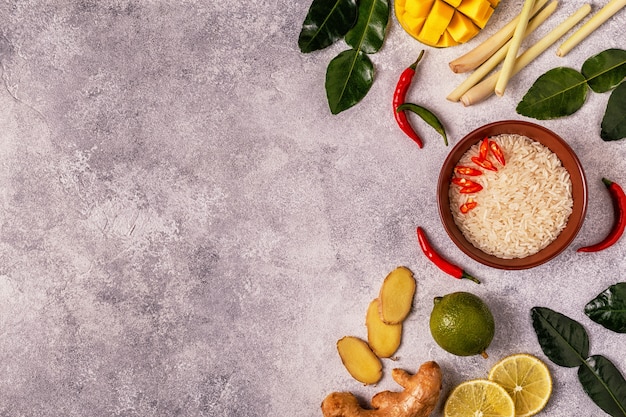 Ingredients of Thai spicy food on the table