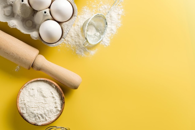 Ingredients and tools for home baking on a yellow background with copy space