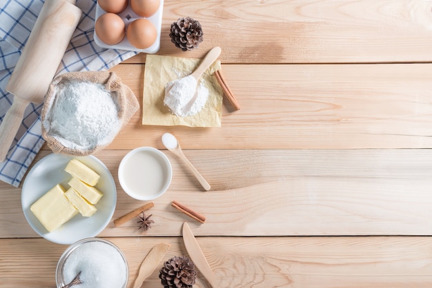 Ingredients and tools for homemade baking. 