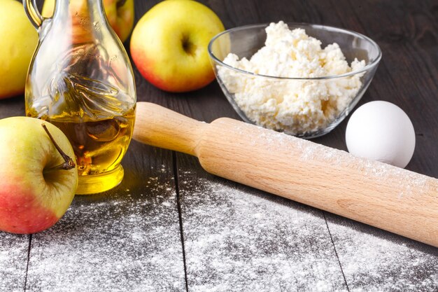 Ingredients and tools for making an apple pie