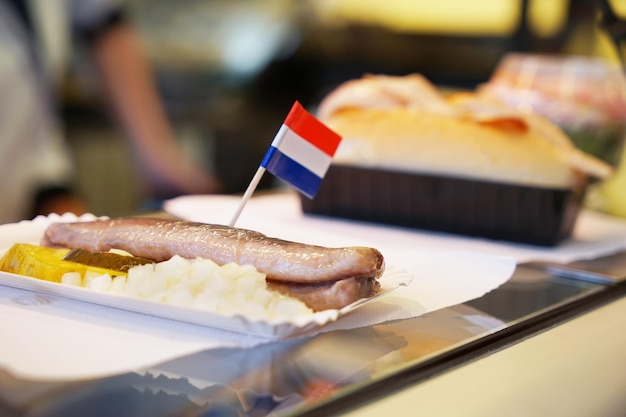 Ingredients for traditional Dutch snack with raw herring in container closeup