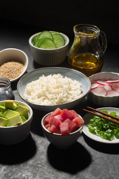 Ingredients of Traditional Hawaiian Poke Bowl prepared with Tuna Fish