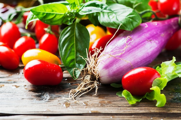 Ingredients for vegan salad on the wooden table