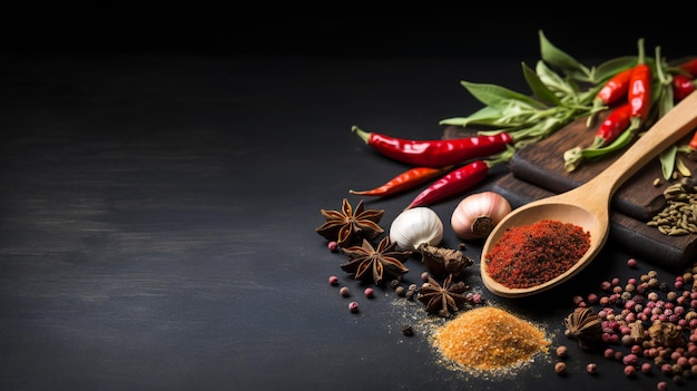 Ingredients and Wooden Spoon on Weathered Black Table