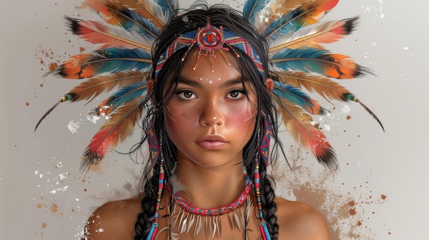 Inheems Amerikaans meisje moderne sociale media avatar icoon Indiase cultuur Portret van een vrouw in Indiase kleding Platte grafische moderne illustratie