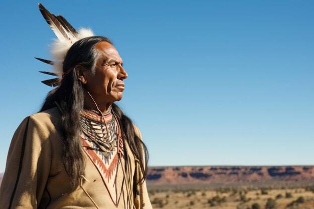 Foto inheemse amerikaan met een gevederde hoofddoek