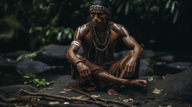 Inheemse man zit in het tropische regenwoud