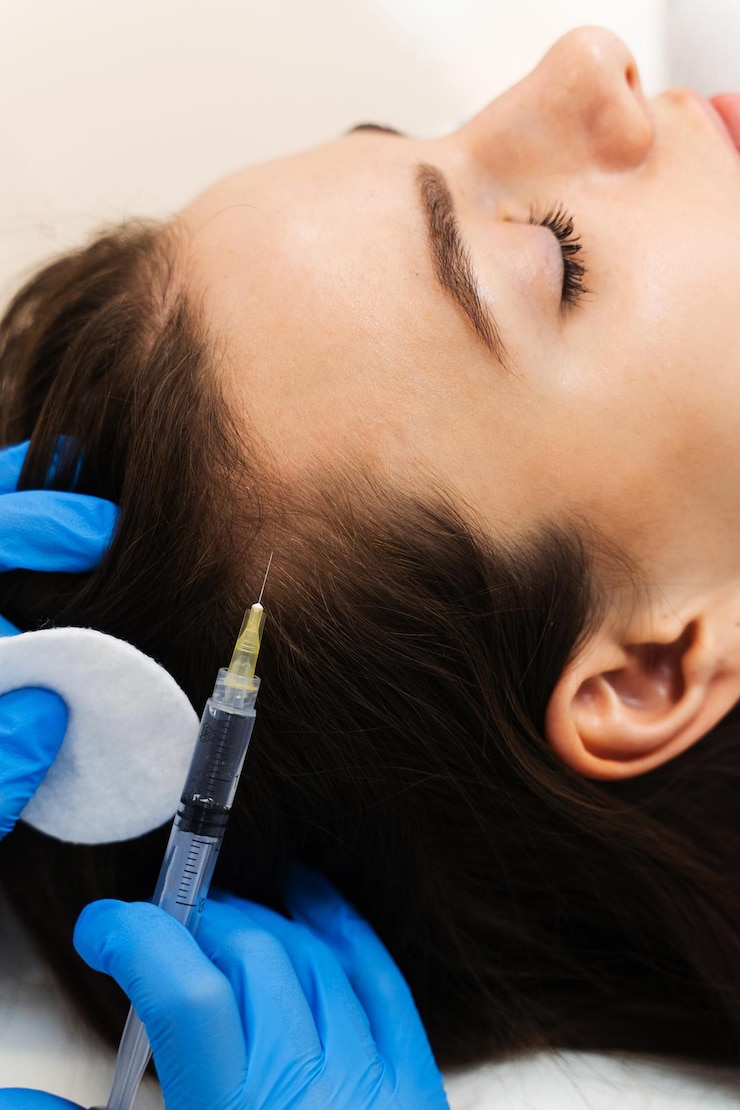 Photo injection hair follicles with special cosmetology syringe mesotherapy process