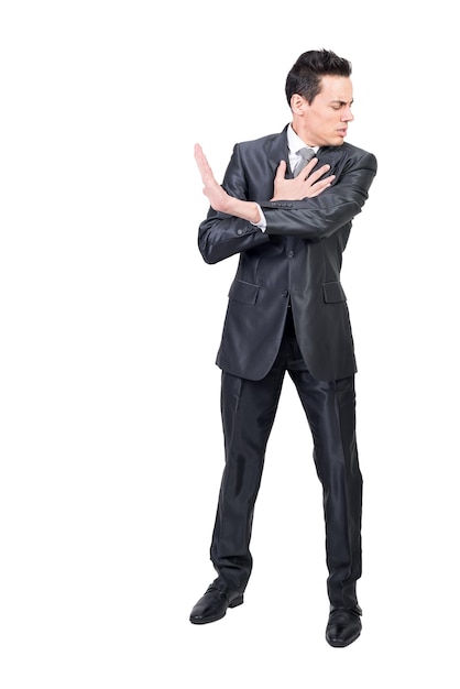 Injured businessman showing stop gesture White background