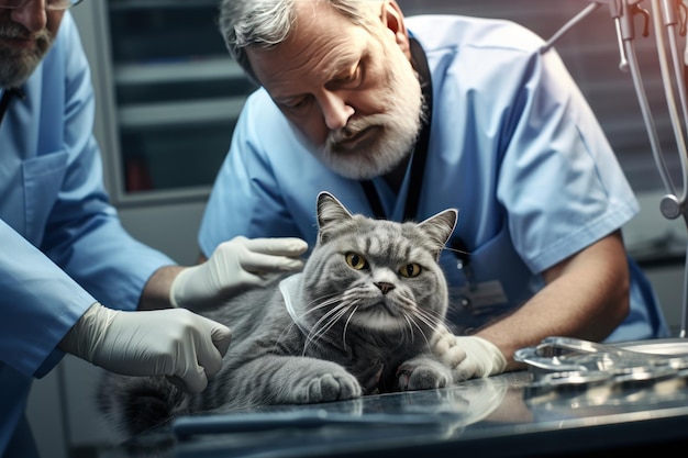 An injured cat is being checked up by a veterinarian at a vet clinic AI generated