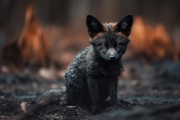 Injured small fox standing on scorched black earth in a fireravaged forest generative ai