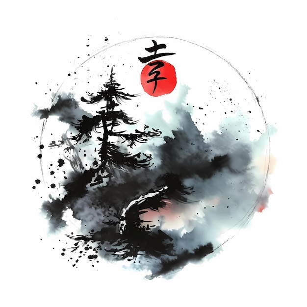 ink art Japanese style ink art mountain and fog with Japanese language Created using generative A