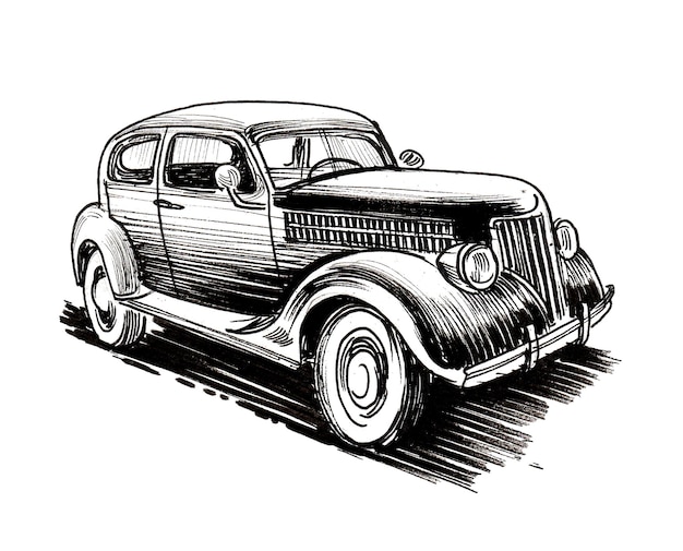 Ink black and white drawing of a vintage car