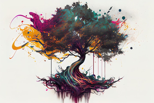 Ink colours on a tree with orange background artist concept Generative Ai