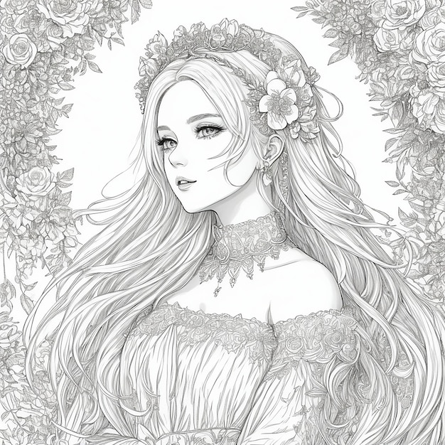 ink drawing art illustration coloring page of princess of American white hair