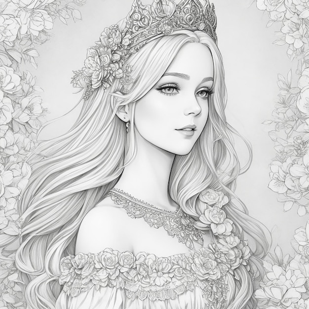 рисунок тушью иллюстрация раскраска принцессы американских белых волос